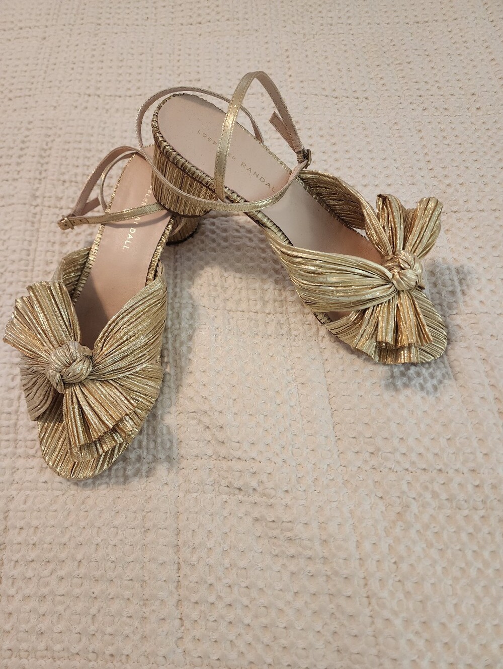 Loeffler Randall Gold Pleated Knotted Bow Ankle Strap Evening Sandals 9M $650